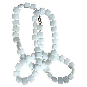Vintage White Milk Glass Square Beaded Necklace 34" With Lobster Clasp